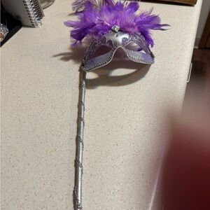 Purple Feathered Masquerade Mask with Stick